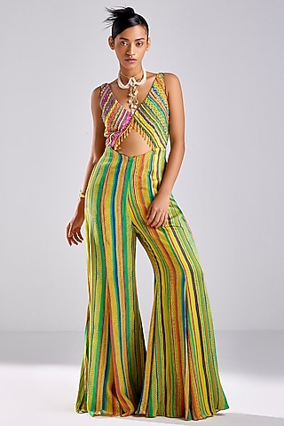 Yellow Crepe Printed Jumpsuit by DiyaRajvvir