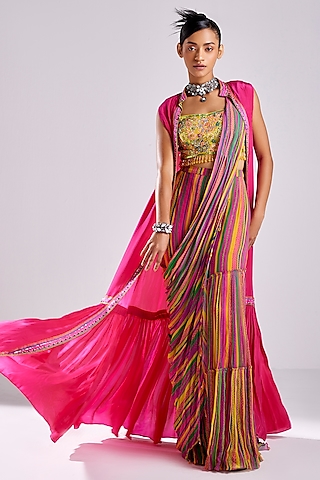 Pink Cotton Silk & Georgette Printed Gharara Saree Set by DiyaRajvvir