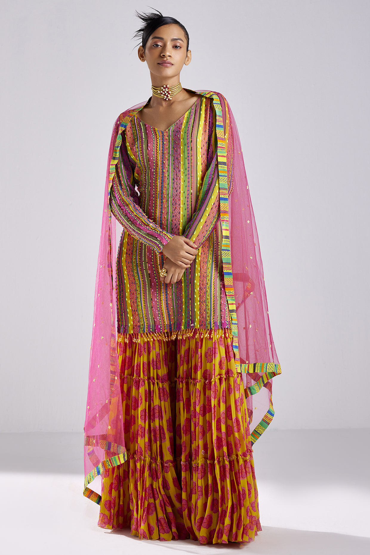 Pink Georgette Printed Gharara Set by DiyaRajvvir at Pernia's Pop Up Shop
