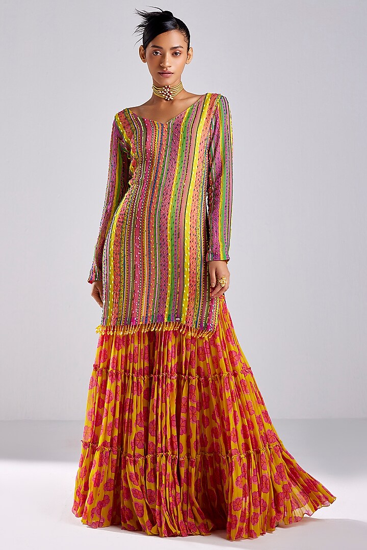 Pink Georgette Printed Gharara Set by DiyaRajvvir at Pernia's Pop Up Shop