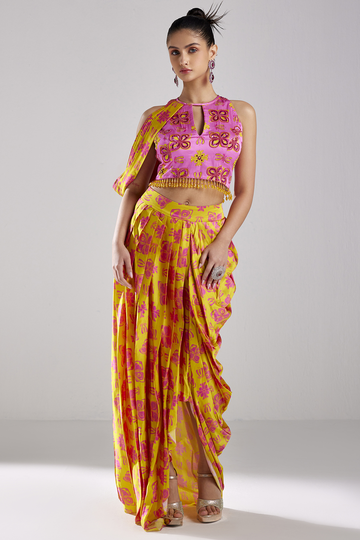 Yellow Modal Printed Dhoti Skirt Set by DiyaRajvvir at Pernia's Pop Up Shop