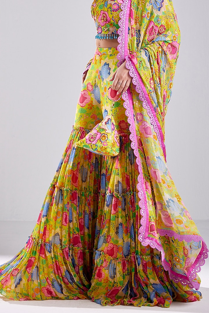 Yellow Modal & Georgette Printed Gharara Set by DiyaRajvvir at Pernia's Pop Up Shop