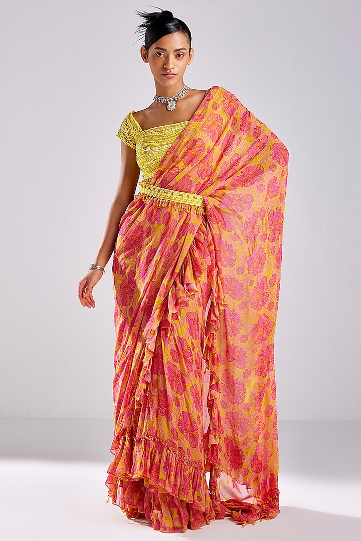 Pink Tulle & Georgette Printed Pre-Draped Saree Set by DiyaRajvvir