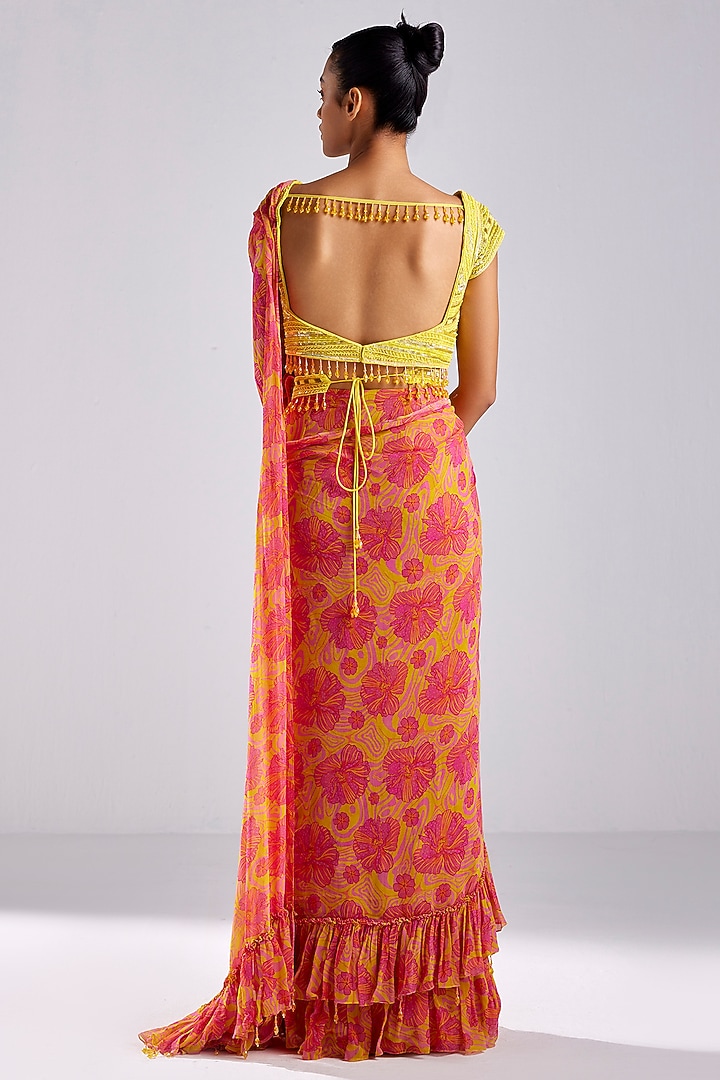 Pink Tulle & Georgette Printed Pre-Draped Wedding Saree Set by DiyaRajvvir at Pernia's Pop Up Shop
