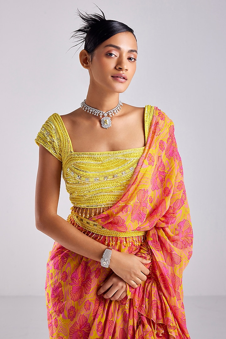 Pink Tulle & Georgette Printed Pre-Draped Wedding Saree Set by DiyaRajvvir at Pernia's Pop Up Shop
