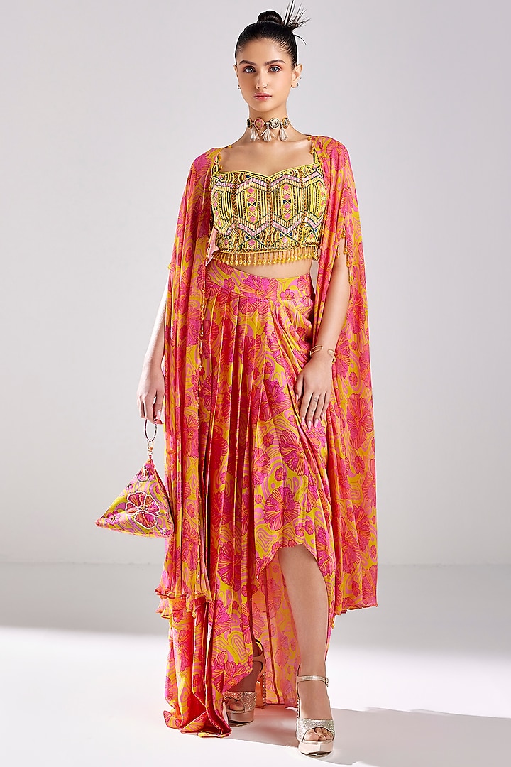 Pink Cotton Silk & Georgette Printed Skirt Set by DiyaRajvvir