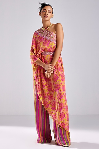 Pink Crepe & Georgette Printed Kaftan Set by DiyaRajvvir