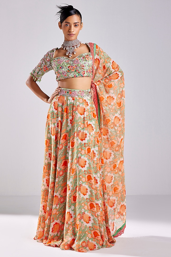 Mint Green Tulle & Crepe Printed Wedding Lehenga Set by DiyaRajvvir at Pernia's Pop Up Shop