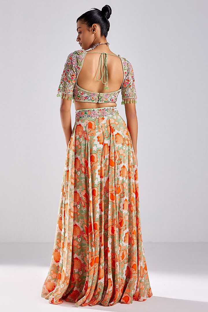 Mint Green Tulle & Crepe Printed Wedding Lehenga Set by DiyaRajvvir at Pernia's Pop Up Shop
