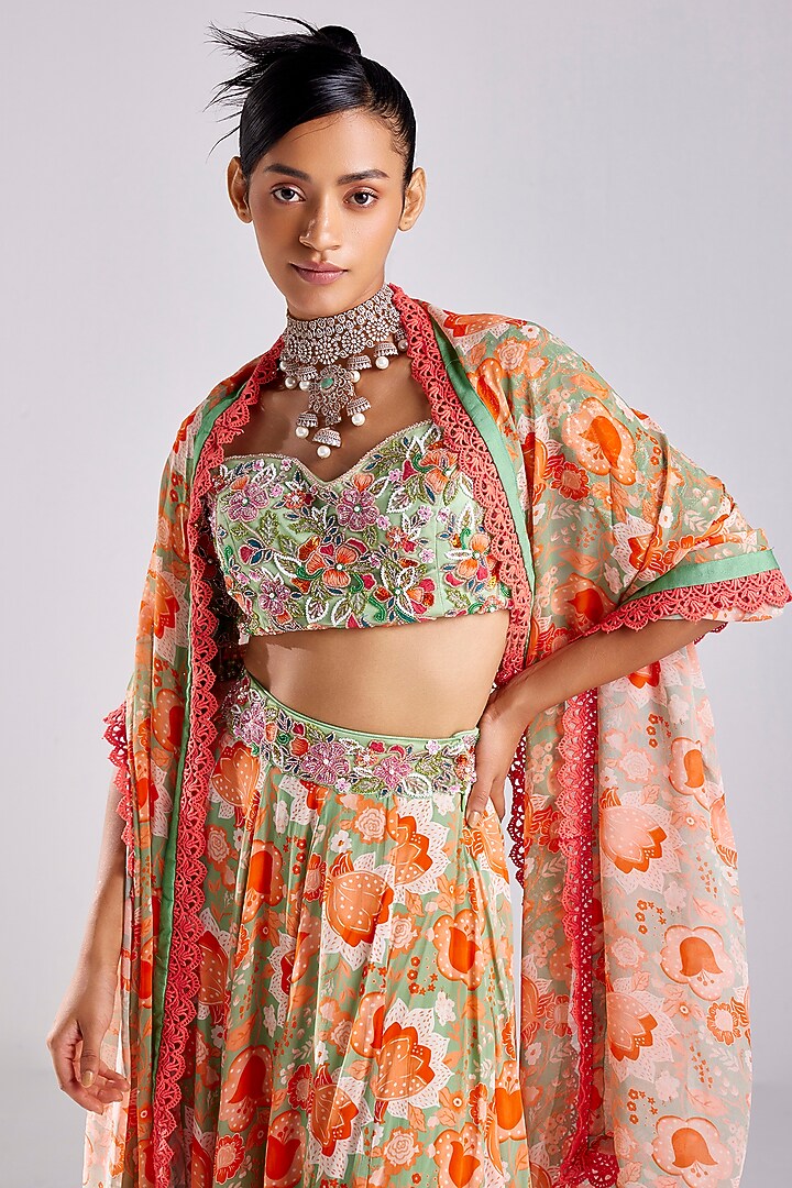 Mint Green Tulle & Crepe Printed Wedding Lehenga Set by DiyaRajvvir at Pernia's Pop Up Shop