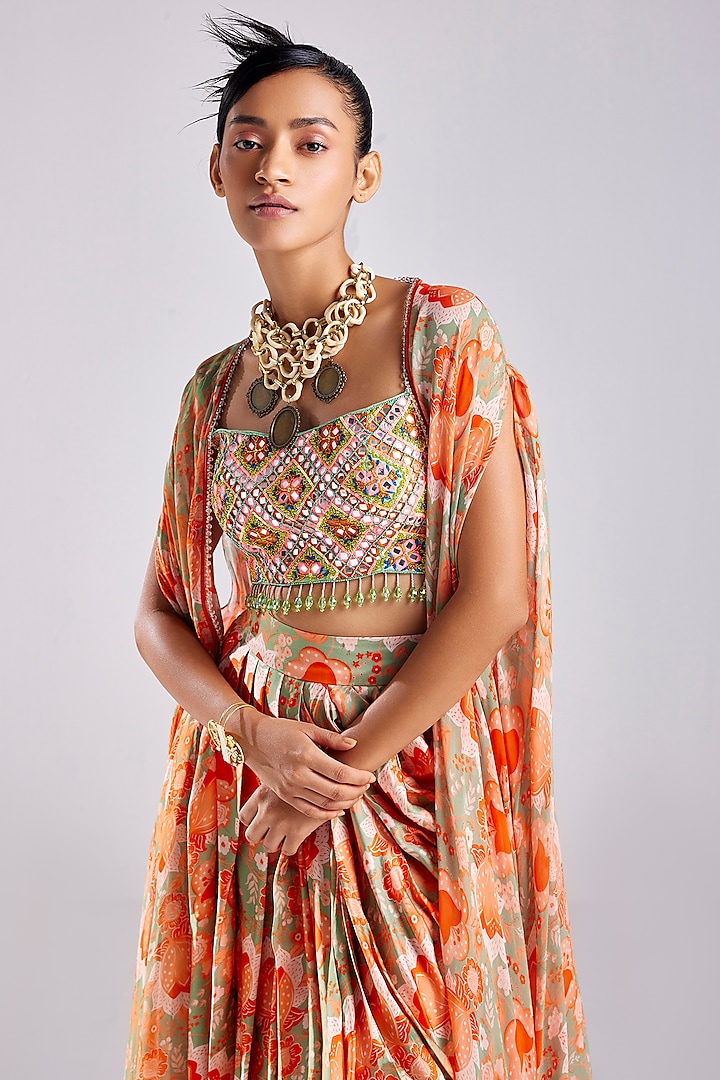 Mint Green Cotton Silk & Georgette Printed Dhoti Skirt Set by DiyaRajvvir at Pernia's Pop Up Shop