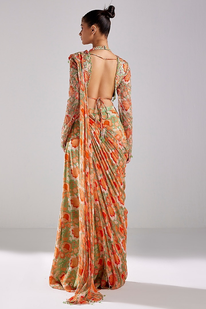 Mint Green Modal & Georgette Printed Sharara Wedding Saree Set by DiyaRajvvir at Pernia's Pop Up Shop