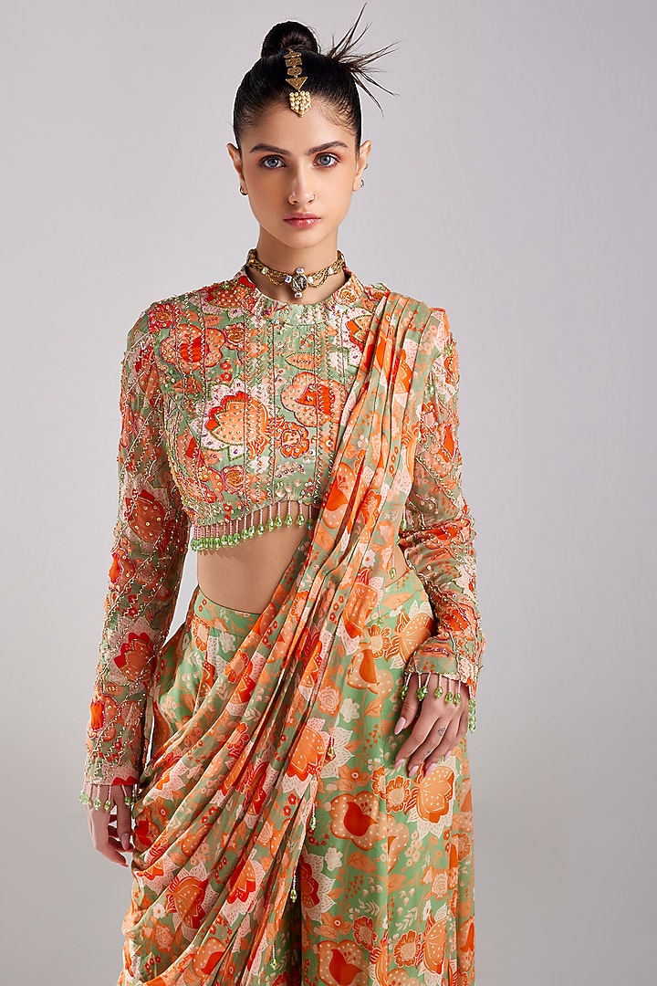 Mint Green Modal & Georgette Printed Sharara Wedding Saree Set by DiyaRajvvir at Pernia's Pop Up Shop