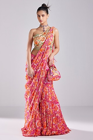 Fuchsia Pink Modal & Georgette Printed Gharara Saree Set by DiyaRajvvir