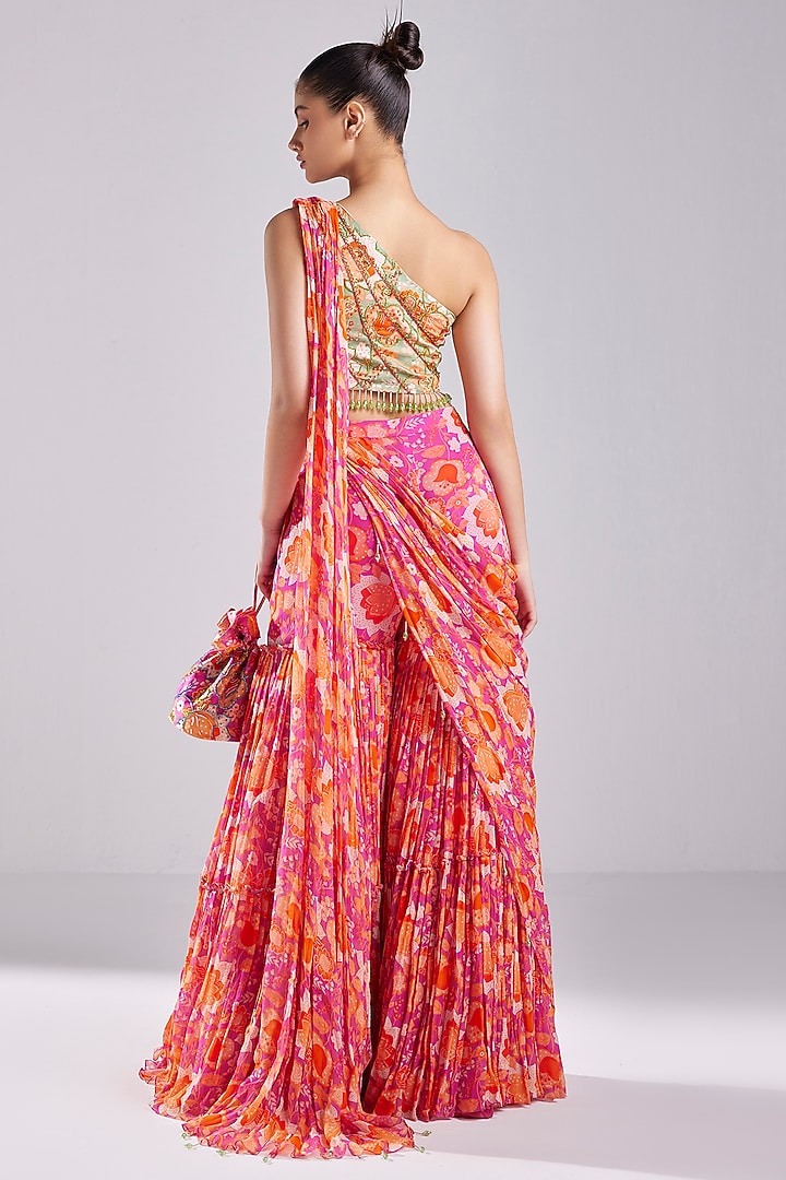 Fuchsia Pink Modal & Georgette Printed Gharara Wedding Saree Set by DiyaRajvvir at Pernia's Pop Up Shop