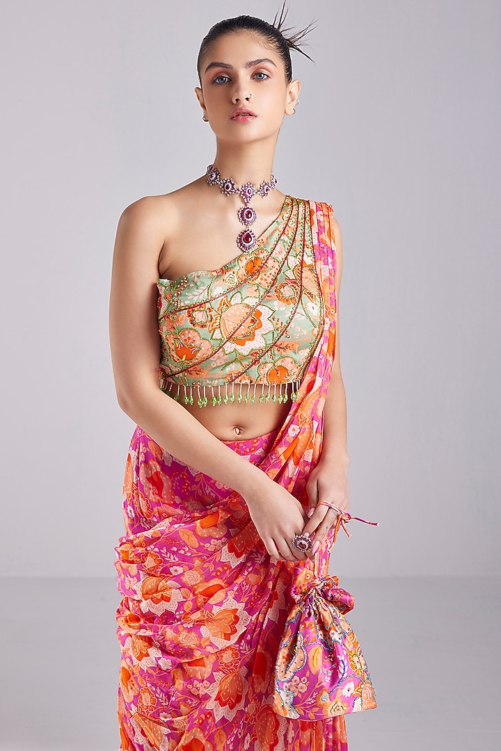 Fuchsia Pink Modal & Georgette Printed Gharara Wedding Saree Set by DiyaRajvvir at Pernia's Pop Up Shop