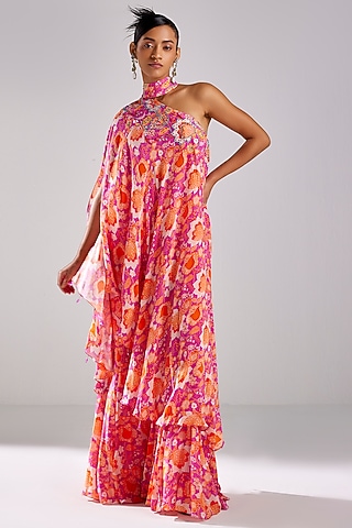 Fuchsia Pink Crepe Printed Kaftan Set by DiyaRajvvir