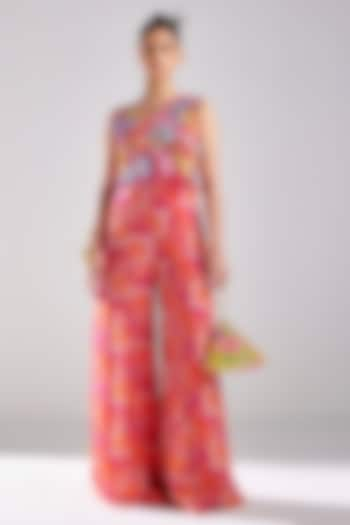 Fuchsia Tulle & Georgette Printed Jumpsuit by DiyaRajvvir at Pernia's Pop Up Shop