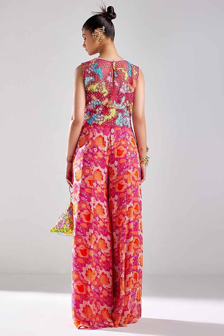 Fuchsia Tulle & Georgette Printed Jumpsuit by DiyaRajvvir at Pernia's Pop Up Shop