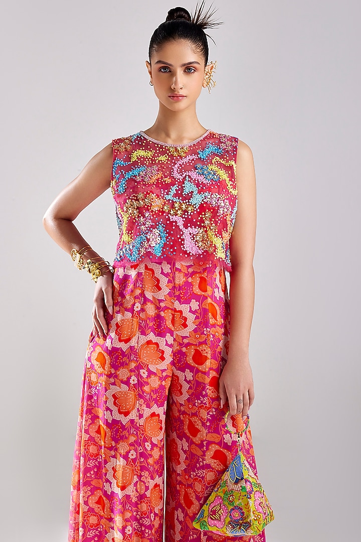 Fuchsia Tulle & Georgette Printed Jumpsuit by DiyaRajvvir at Pernia's Pop Up Shop