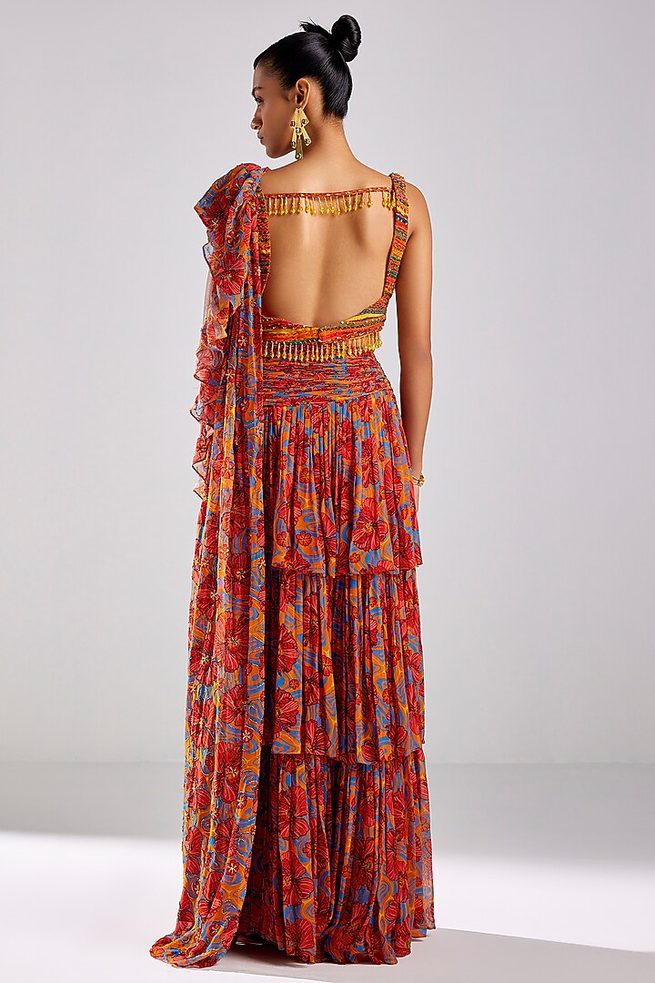 Rust Georgette Embroidered Skirt Wedding Saree Set by DiyaRajvvir at Pernia's Pop Up Shop