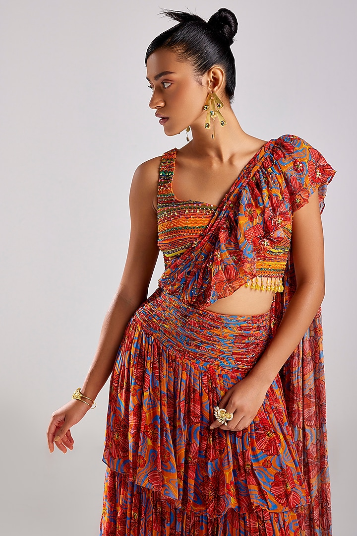 Rust Georgette Embroidered Skirt Wedding Saree Set by DiyaRajvvir at Pernia's Pop Up Shop