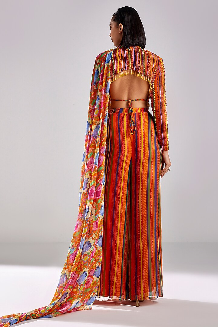 Rust Georgette Printed & Embroidered Pant Wedding Saree Set by DiyaRajvvir at Pernia's Pop Up Shop