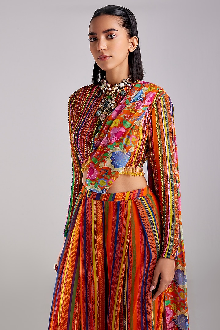 Rust Georgette Printed & Embroidered Pant Wedding Saree Set by DiyaRajvvir at Pernia's Pop Up Shop