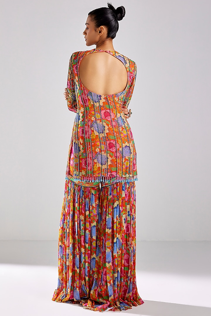 Rust Georgette Printed Gharara Set by DiyaRajvvir at Pernia's Pop Up Shop