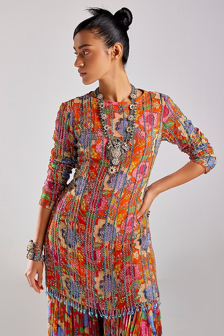 Rust Georgette Printed Gharara Set by DiyaRajvvir at Pernia's Pop Up Shop