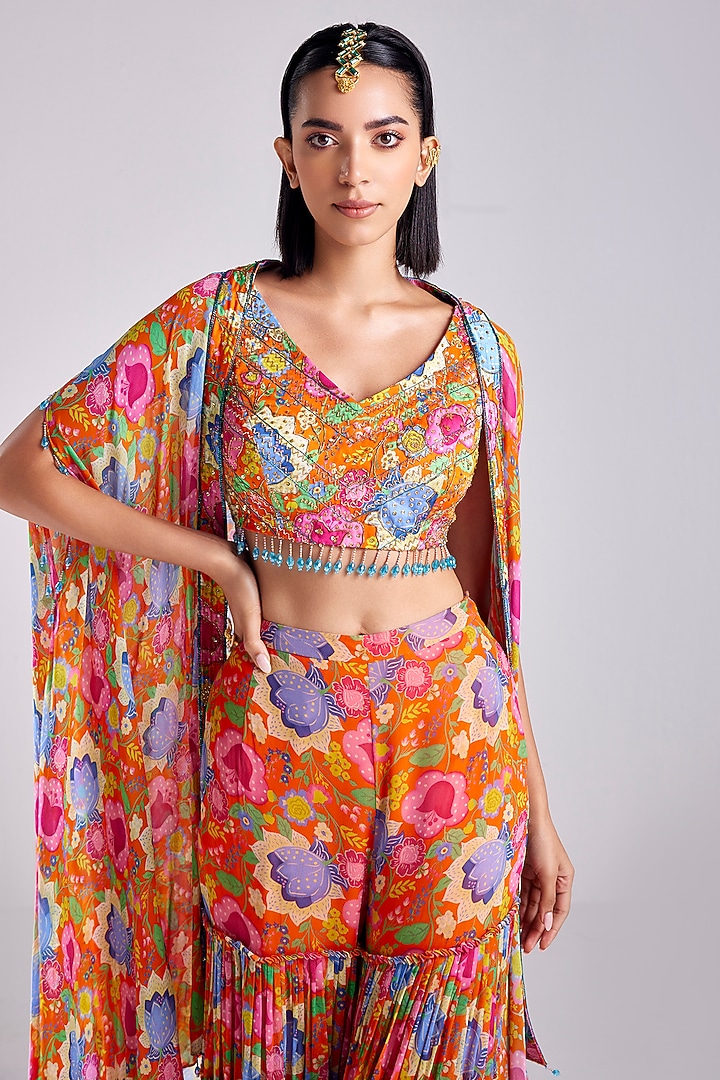 Rust Modal & Georgette Printed Gharara Set by DiyaRajvvir at Pernia's Pop Up Shop