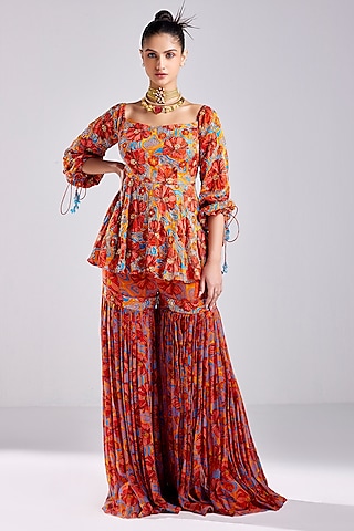 Rust Modal & Georgette Printed Gharara Set by DiyaRajvvir