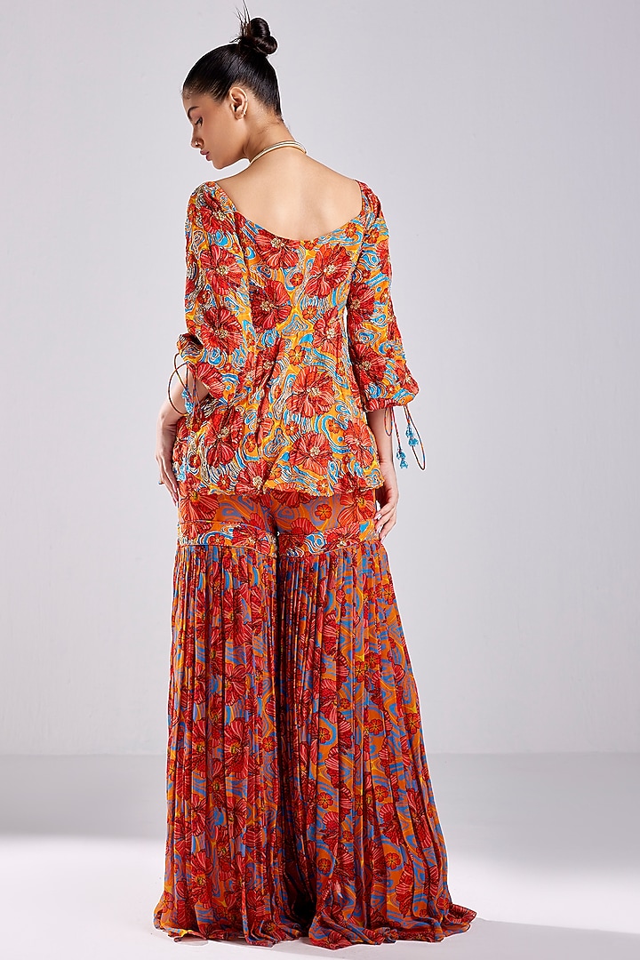 Rust Modal & Georgette Printed Gharara Set by DiyaRajvvir at Pernia's Pop Up Shop