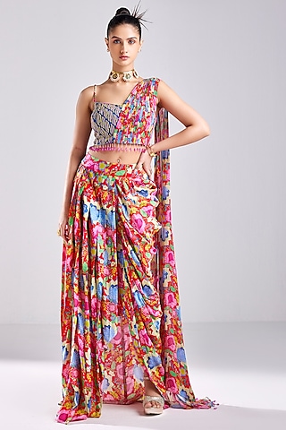 Red Cotton Silk & Georgette Printed Dhoti Skirt Set by DiyaRajvvir