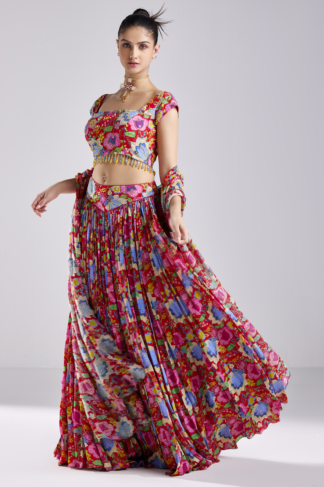 Red Modal & Crepe Printed Wedding Lehenga Set by DiyaRajvvir at Pernia's Pop Up Shop