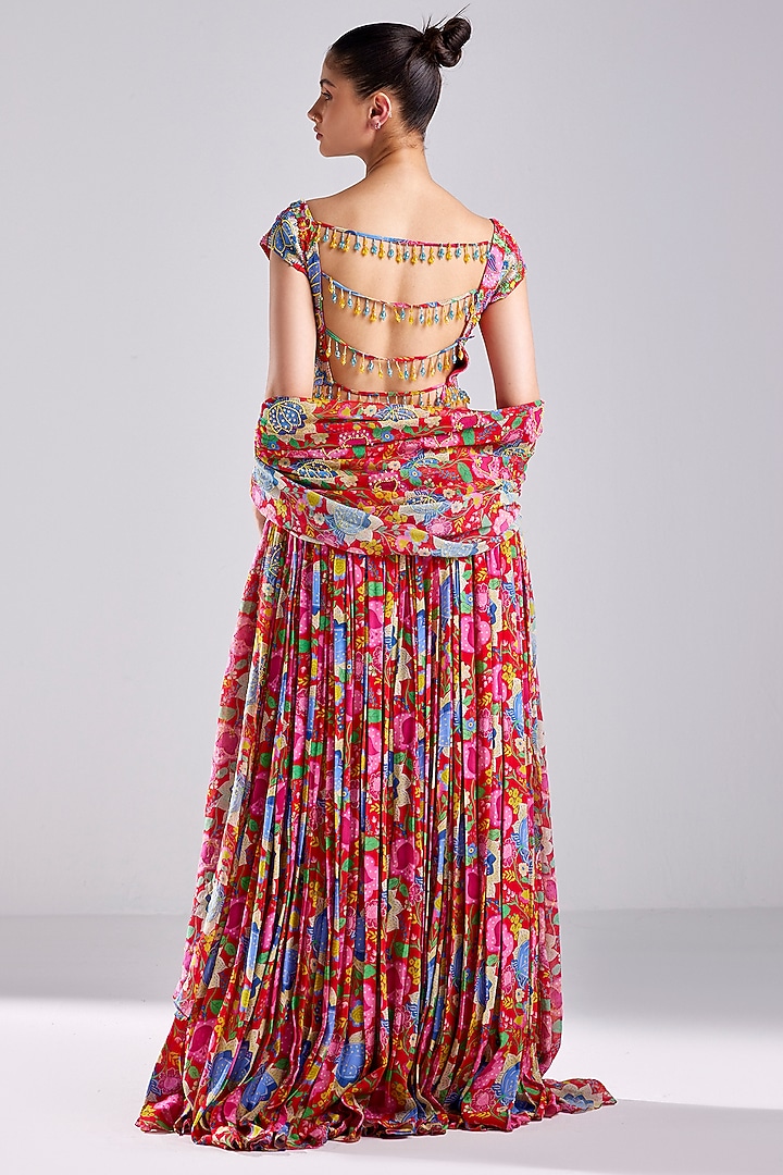 Red Modal & Crepe Printed Wedding Lehenga Set by DiyaRajvvir at Pernia's Pop Up Shop