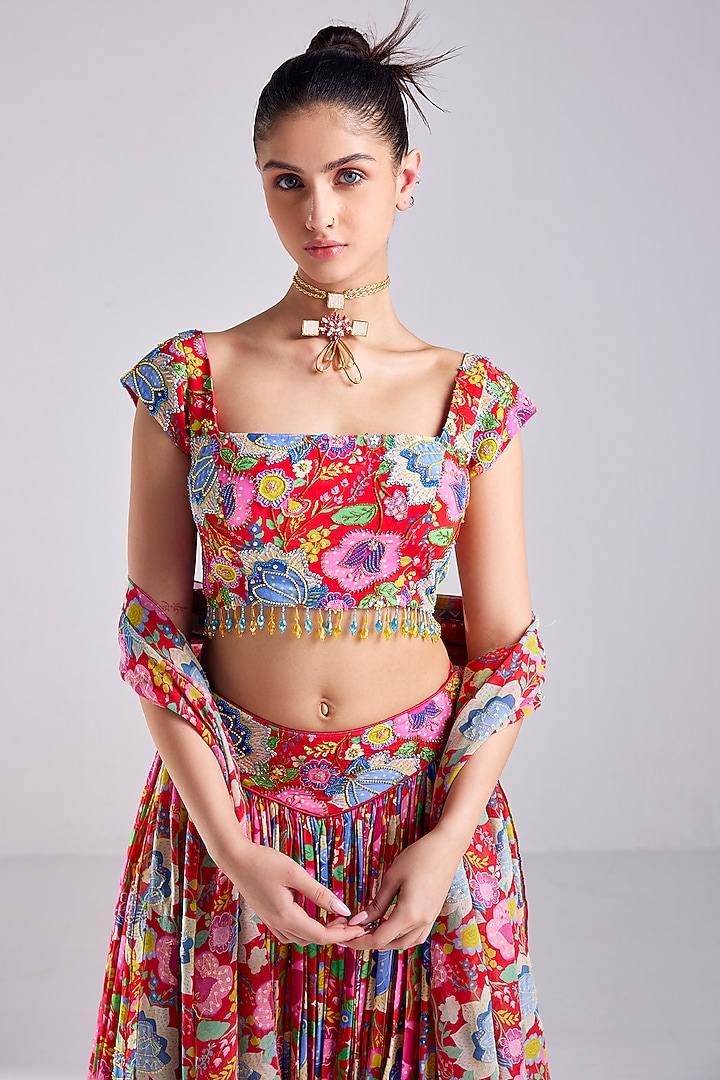Red Modal & Crepe Printed Wedding Lehenga Set by DiyaRajvvir at Pernia's Pop Up Shop