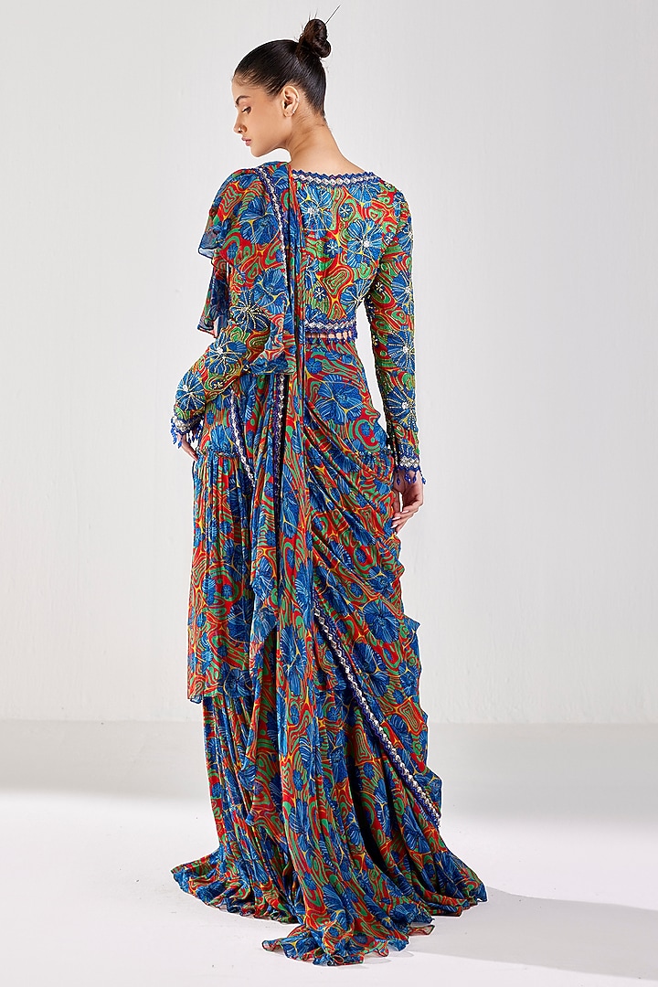 Blue Modal & Georgette Printed Draped Wedding Saree Set by DiyaRajvvir at Pernia's Pop Up Shop
