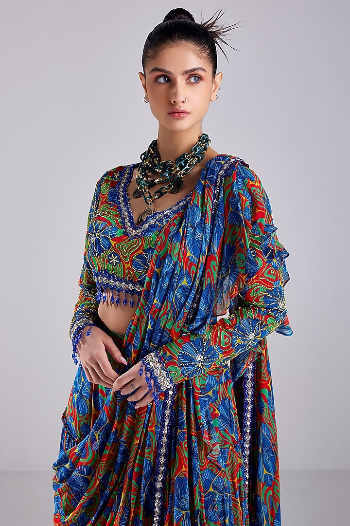 Blue Modal & Georgette Printed Draped Wedding Saree Set by DiyaRajvvir at Pernia's Pop Up Shop