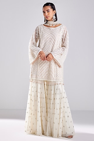 Ivory Tulle Embroidered Gharara Set by DiyaRajvvir
