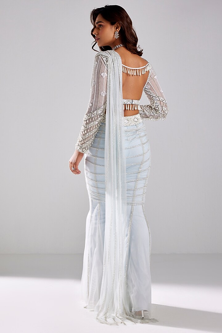 Ice Blue Tulle Cutdana & Sequins Embroidered Draped Pant Wedding Saree Set by DiyaRajvvir at Pernia's Pop Up Shop