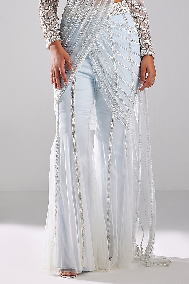 Ice Blue Tulle Cutdana & Sequins Embroidered Draped Pant Wedding Saree Set by DiyaRajvvir at Pernia's Pop Up Shop