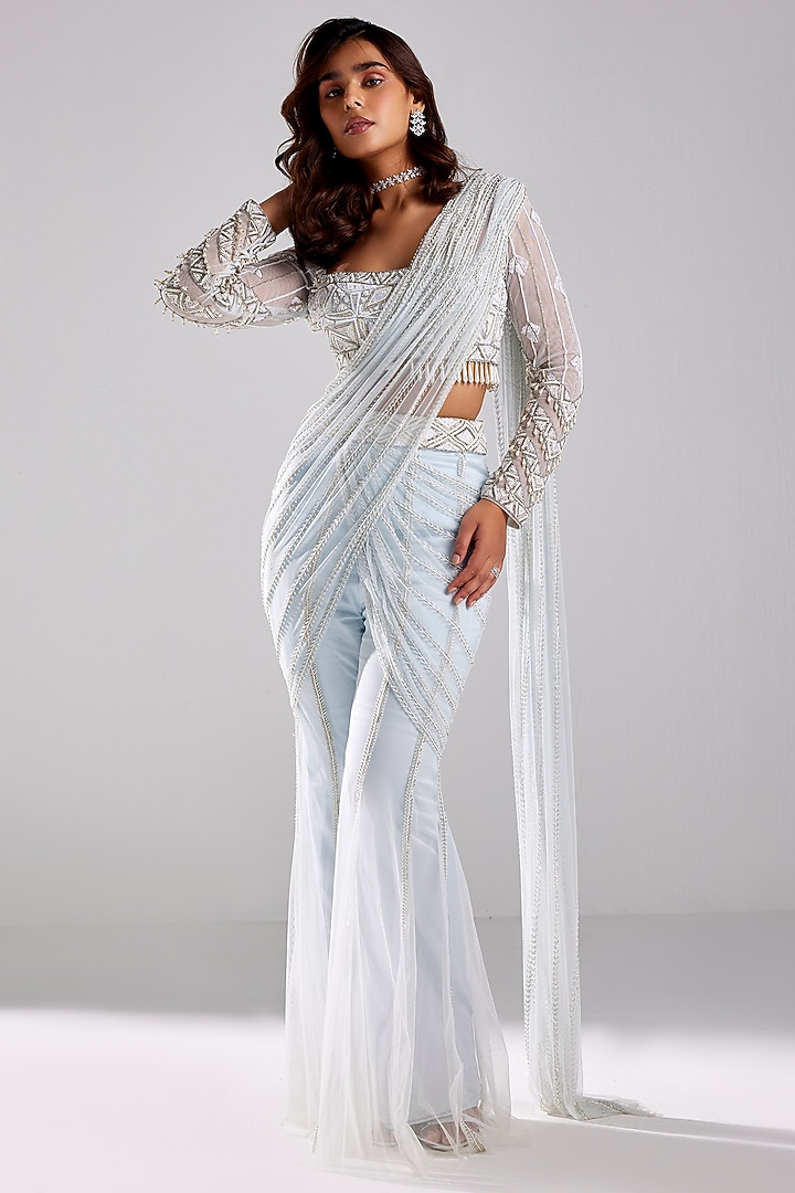 Ice Blue Tulle Cutdana & Sequins Embroidered Draped Pant Wedding Saree Set by DiyaRajvvir at Pernia's Pop Up Shop