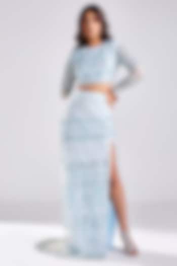 Powder Blue Tulle Embroidered Skirt Set by DiyaRajvvir at Pernia's Pop Up Shop