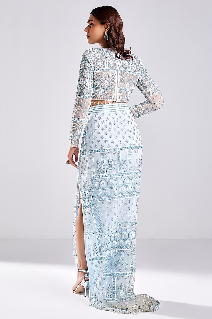 Powder Blue Tulle Embroidered Skirt Set by DiyaRajvvir at Pernia's Pop Up Shop