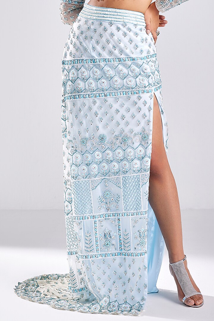 Powder Blue Tulle Embroidered Skirt Set by DiyaRajvvir at Pernia's Pop Up Shop