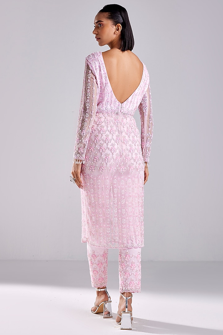 Blush Pink Tulle & Crepe Embroidered Kurta Set by DiyaRajvvir at Pernia's Pop Up Shop