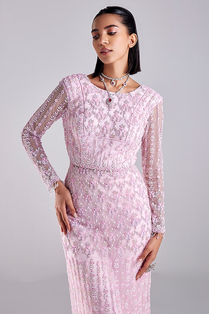 Blush Pink Tulle & Crepe Embroidered Kurta Set by DiyaRajvvir at Pernia's Pop Up Shop