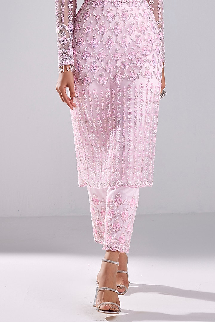 Blush Pink Tulle & Crepe Embroidered Kurta Set by DiyaRajvvir at Pernia's Pop Up Shop