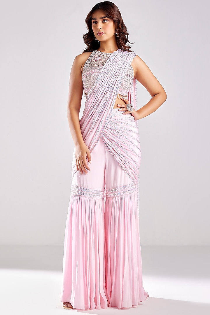 Blush Pink Tulle & Crepe Embroidered Draped Gharara Pant Saree Set by DiyaRajvvir at Pernia's Pop Up Shop